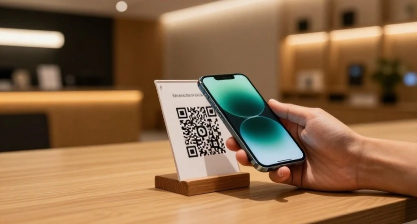 Hand holding a modern smartphone scanning a tabletop QR check-in display stand
