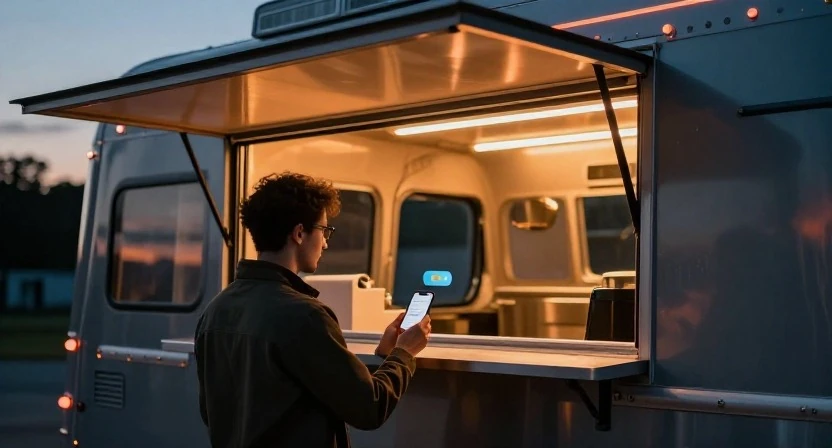 Customer standing at twilight checking wait updates on phone in front of a food truck window