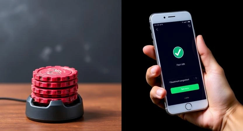 Traditional plastic coaster pagers next to a modern smartphone with confirmation checkmark
