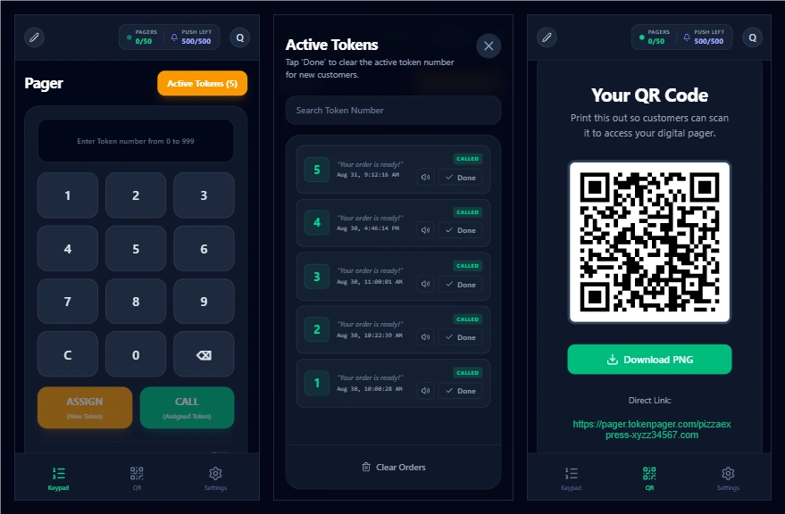 TokenPager Mobile Admin screen running in full screen PWA mode showing keypad, token list, and QR code view